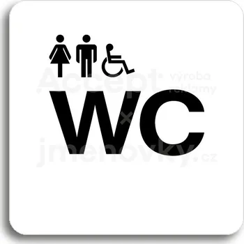 Informační tabulka Bílý piktogram "WC ženy, muži, invalidé" s černým textem bez rámečku - 80 x 80 mm