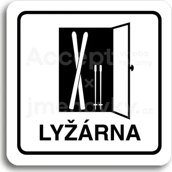Informační tabulka Bílý piktogram "lyžárna" s černým textem a rámečkem - 80 x 80 mm