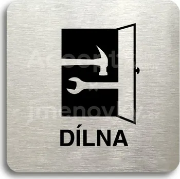 Informační tabulka Stříbrný piktogram "dílna" s černým textem bez rámečku -