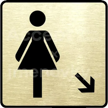 Značení Zlatý piktogram "WC ženy vpravo dolů" s černým textem a rámečkem -