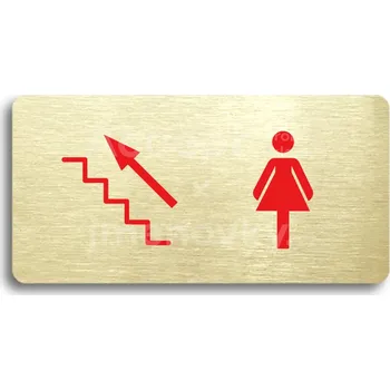 Informační tabulka Zlatý&nbsp;piktogram "WC ŽENY VLEVO NAHORU" s červeným textem bez rámečku&nbsp;-