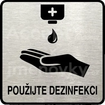 Značení Stříbrný piktogram "použijte dezinfekci IV" s černým textem a rámečkem - 80 x 80 mm