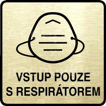 Informační tabulka Zlatý piktogram "vstup pouze s respirátorem IV" s černým textem a rámečkem -