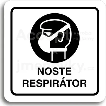 Informační tabulka Bílý piktogram "noste respirátor" s černým textem a rámečkem -