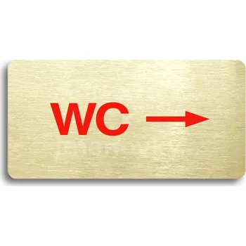 Informační tabulka Zlatý&nbsp;piktogram "WC VPRAVO" s červeným textem bez rámečku&nbsp;-
