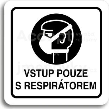Informační tabulka Bílý piktogram "vstup pouze s respirátorem" s černým textem a rámečkem -