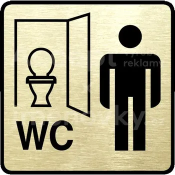 Informační tabulka Zlatý piktogram "WC muži kabinka" s černým textem a rámečkem -