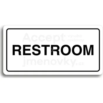 Informační tabulka Bílý piktogram "RESTROOM" s černým textem a rámečkem -