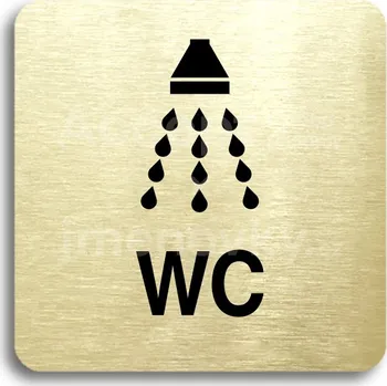Informační tabulka Zlatý piktogram "sprcha, WC" s černým&nbsp;textem bez rámečku&nbsp;-
