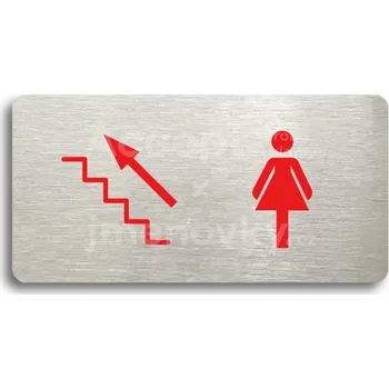 Informační tabulka Stříbrný&nbsp;piktogram "WC ŽENY VLEVO NAHORU" s červeným textem bez rámečku&nbsp;-