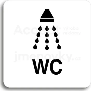 Informační tabulka Bílý piktogram "sprcha, WC" s černým textem bez rámečku&nbsp;-