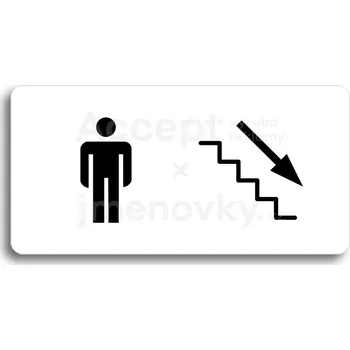 Informační tabulka Bílý piktogram "WC MUŽI VPRAVO DOLŮ" s černým textem bez rámečku&nbsp;-