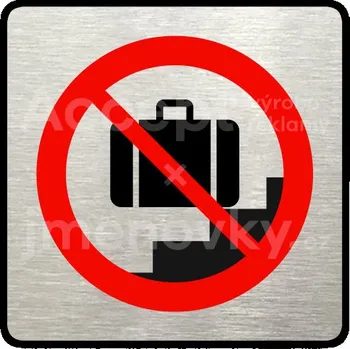 Informační tabulka Stříbrný&nbsp;piktogram "zákaz vstupu se zavazadlem II" s červeným textem a rámečkem&nbsp;-