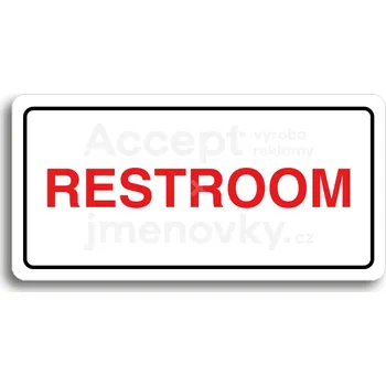 Informační tabulka Bílý piktogram "RESTROOM" s červeným textem a rámečkem&nbsp;-