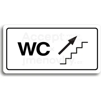 Informační tabulka Bílý piktogram "WC VPRAVO NAHORU" s černým textem a rámečkem&nbsp;-