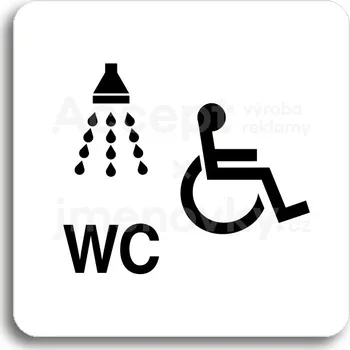 Značení Bílý piktogram "sprcha, WC invalidé" s černým textem bez rámečku&nbsp;-