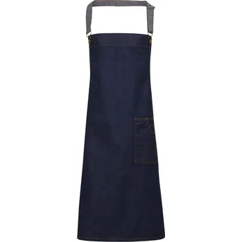 Kuchyňská zástěra Modrá džínová zástěra s laclem a kapsou, s šedým popruhem