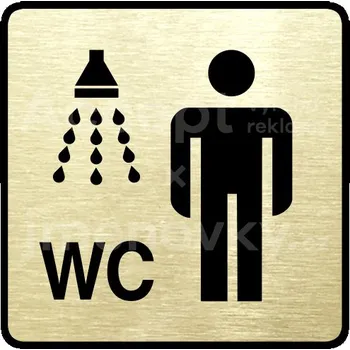 Informační tabulka Zlatý piktogram "sprcha, WC muži" s černým textem a rámečkem - 80 x 80 mm