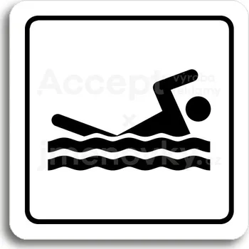 Informační tabulka Bílý piktogram "bazén venkovní" s černým textem a rámečkem -