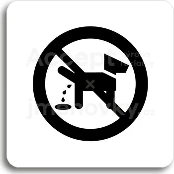 Značení Bílý piktogram "zákaz venčení zvířat" s černým textem bez rámečku -