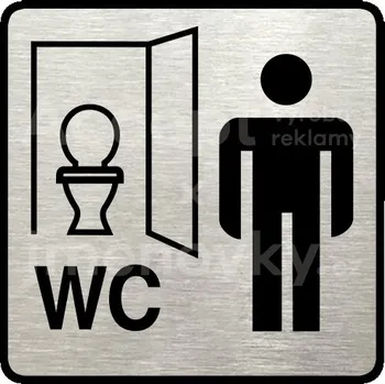 Informační tabulka Stříbrný piktogram "WC muži kabinka" s černým&nbsp;textem a rámečkem&nbsp;-