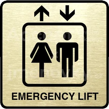 Informační tabulka Zlatý piktogram "emergency lift" s černým&nbsp;textem a rámečkem&nbsp;-