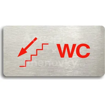 Značení Stříbrný&nbsp;piktogram "WC VLEVO DOLŮ" s červeným textem bez rámečku&nbsp;-