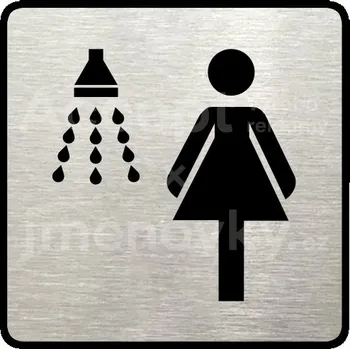 Informační tabulka Stříbrný piktogram "sprcha ženy" s černým&nbsp;textem a rámečkem&nbsp;-