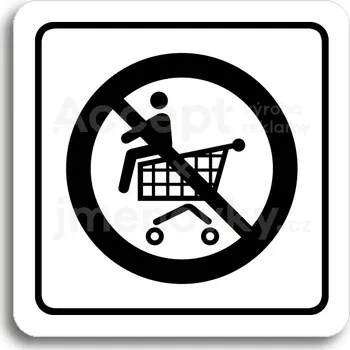 Informační tabulka Bílý piktogram "zákaz jízdy na nákupním vozíku" s černým textem a rámečkem - 80 x 80 mm