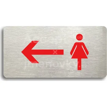 Informační tabulka Stříbrný&nbsp;piktogram "WC ŽENY VLEVO" s červeným textem bez rámečku&nbsp;-