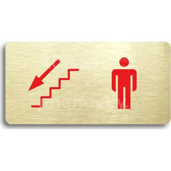Informační tabulka Zlatý&nbsp;piktogram "WC MUŽI VLEVO DOLŮ" s červeným textem bez rámečku&nbsp;-