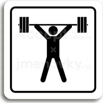 Informační tabulka Bílý piktogram "fitness VI" s černým textem a rámečkem&nbsp;-