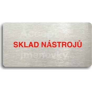 Značení Stříbrný&nbsp;piktogram "SKLAD NÁSTROJŮ" s červeným textem bez rámečku&nbsp;-