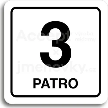 Informační tabulka Bílý piktogram "3 patro" s černým textem a rámečkem - 80 x 80 mm