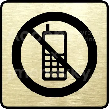 Informační tabulka Zlatý piktogram "zákaz telefonování" s černým textem a rámečkem -