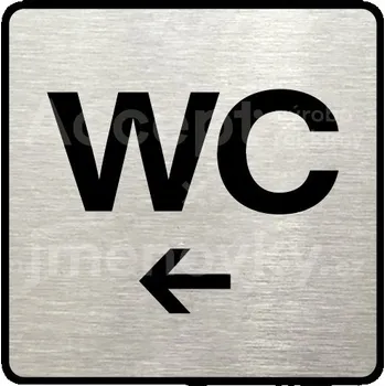 Značení Stříbrný piktogram "WC vlevo" s černým textem a rámečkem -