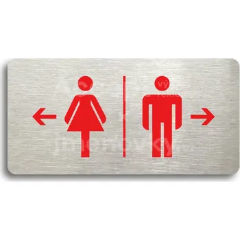 Značení Stříbrný piktogram "WC ŽENY VLEVO, WC MUŽI VPRAVO" s červeným textem bez rámečku -