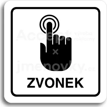 Informační tabulka Bílý piktogram "zvonek" s černým textem a rámečkem&nbsp;-