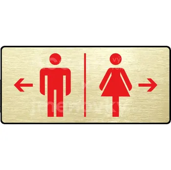 Informační tabulka Zlatý&nbsp;piktogram "WC MUŽI VLEVO, WC ŽENY VPRAVO" s červeným textem a rámečkem&nbsp;-