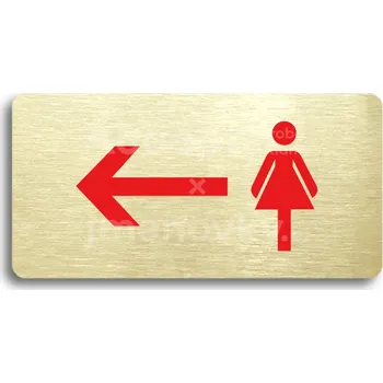 Informační tabulka Zlatý&nbsp;piktogram "WC ŽENY VLEVO" s červeným textem bez rámečku&nbsp;-
