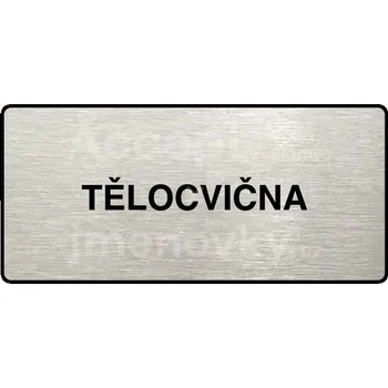 Informační tabulka Stříbrný piktogram "TĚLOCVIČNA" s černým textem a rámečkem -