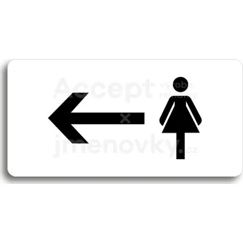 Informační tabulka Bílý piktogram "WC ŽENY VLEVO" s černým textem bez rámečku&nbsp;-