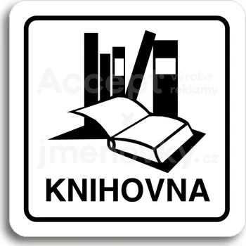 Informační tabulka Bílý piktogram "knihovna" s černým textem a rámečkem&nbsp;-