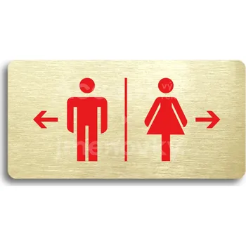 Informační tabulka Zlatý piktogram "WC MUŽI VLEVO, WC ŽENY VPRAVO" s červeným textem bez rámečku -