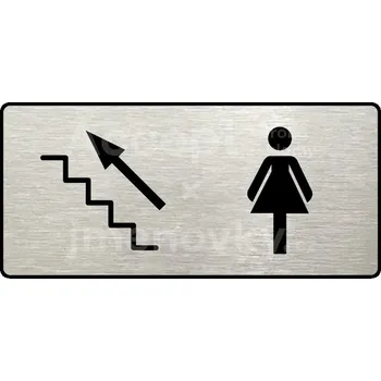 Informační tabulka Stříbrný piktogram "WC ŽENY VLEVO NAHORU" s černým&nbsp;textem a rámečkem&nbsp;-