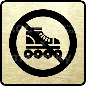 Informační tabulka Zlatý piktogram "zákaz jízdy na kolečkových bruslích" s černým&nbsp;textem a rámečkem&nbsp;-