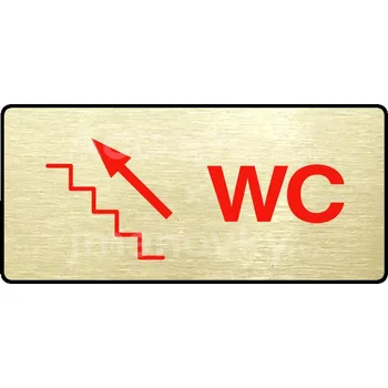 Značení Zlatý&nbsp;piktogram "WC VLEVO NAHORU" s červeným textem a rámečkem&nbsp;-