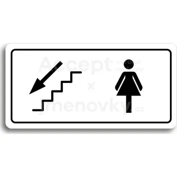 Informační tabulka Bílý piktogram "WC ŽENY VLEVO DOLŮ" s černým textem a rámečkem&nbsp;-