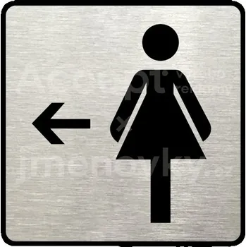 Značení Stříbrný piktogram "WC ženy vlevo" s černým textem a rámečkem -