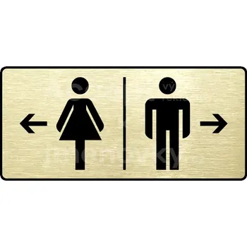 Informační tabulka Zlatý piktogram "WC ŽENY VLEVO, WC MUŽI VPRAVO" s černým textem a rámečkem -